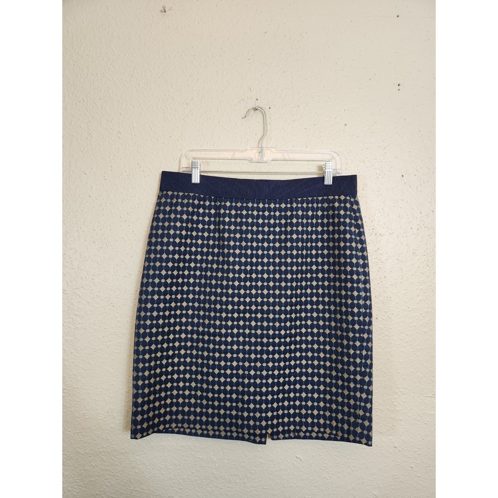 Ann Taylor Womens 12 Navy Blue Geometric Diamond Pencil Skirt Cotton Stretch